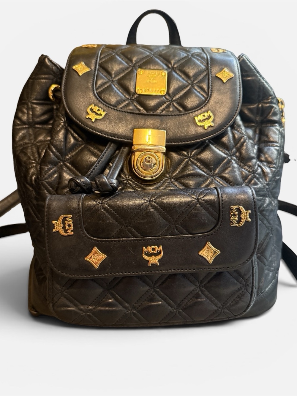 MCM Black Quilted Leather Stark Backpack with Gold Accents